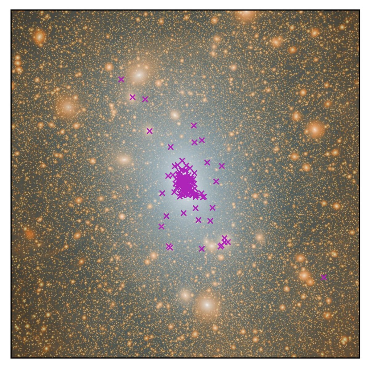    Распределение темной материи в гало Млечного Пути. Фиолетовыми крестиками отмечены «осиротевшие» галактики-спутники. / ©  The Aquarius simulation, the Virgo Consortium / Dr. Mark Lovell