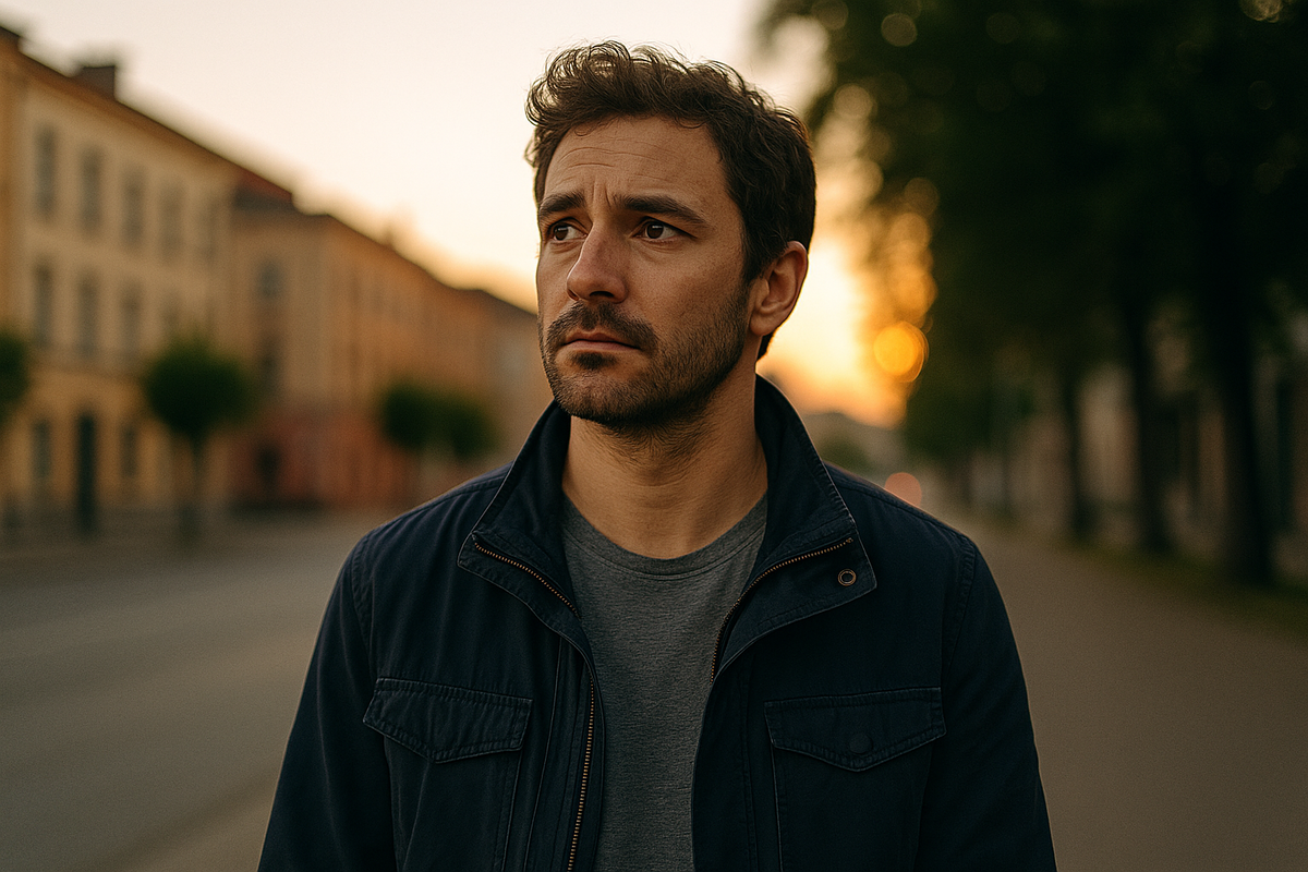 Задумчивый мужчина на закате, переезд