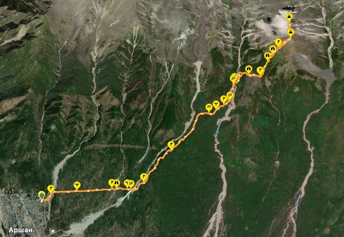Вид маршрута Аршан - пик Новокшенова на карте
