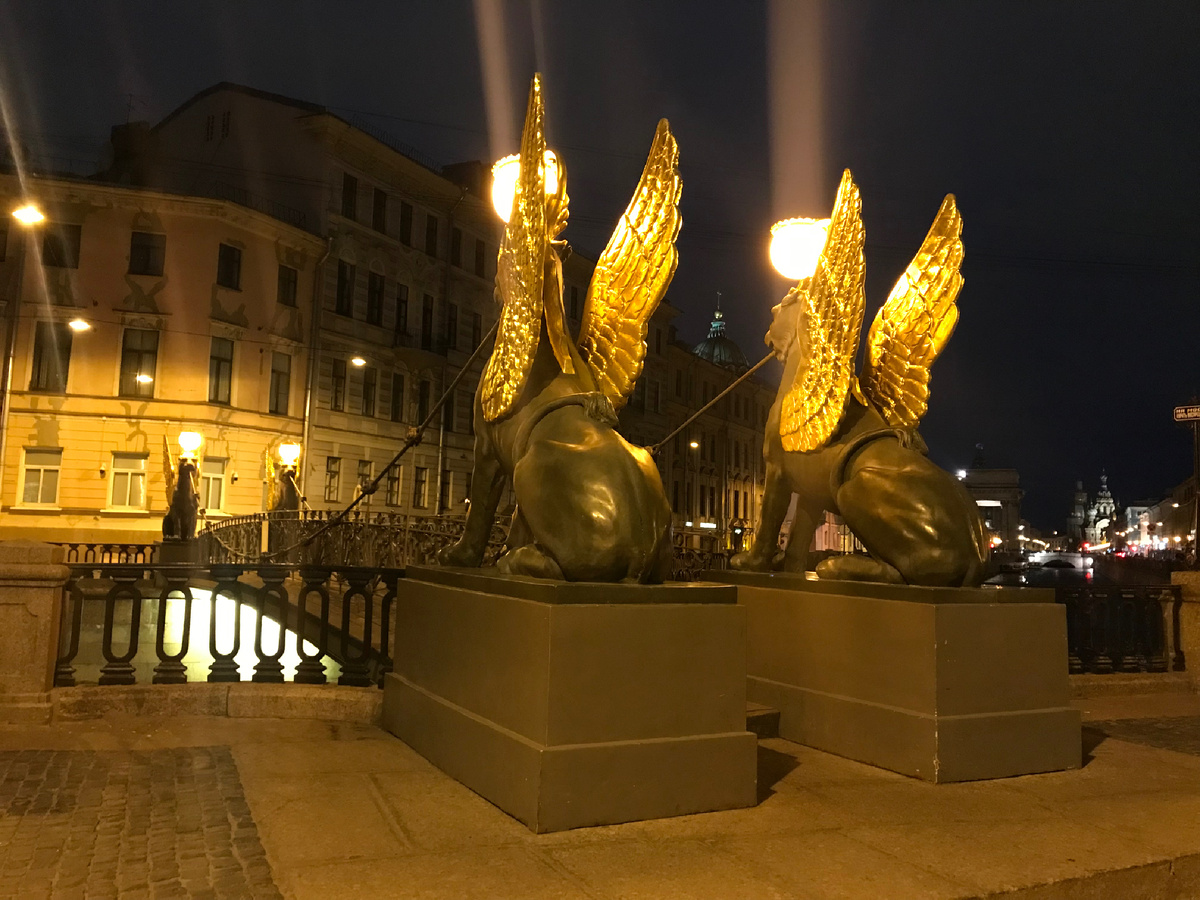 Белая ночь. Квартет крылатых грифонов у Банковского моста. Фото автора 
