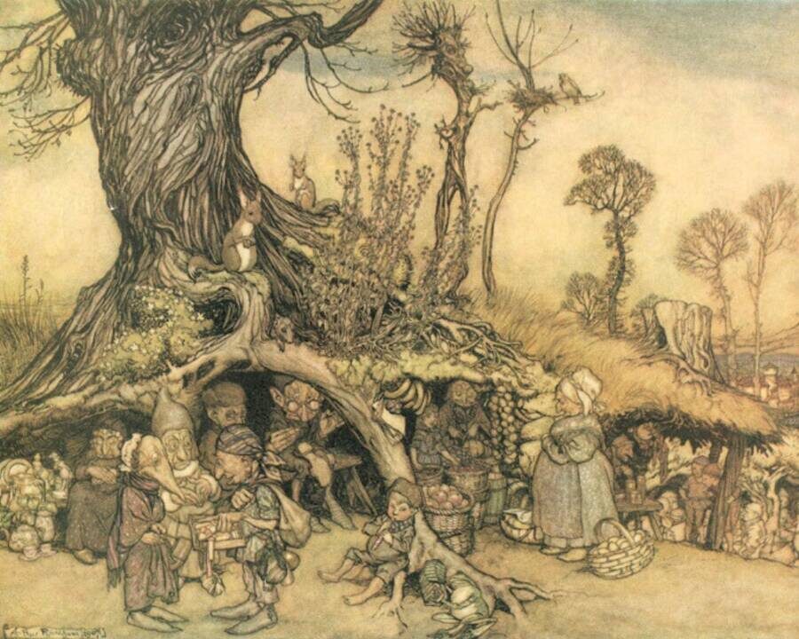 Пакваджи часто изображают как существ, похожих на гномов или фей. Это можно увидеть на иллюстрации Артура Рэкхема «Рынок маленьких людей», созданной в 1915 году. 
Источник: New York Public Library