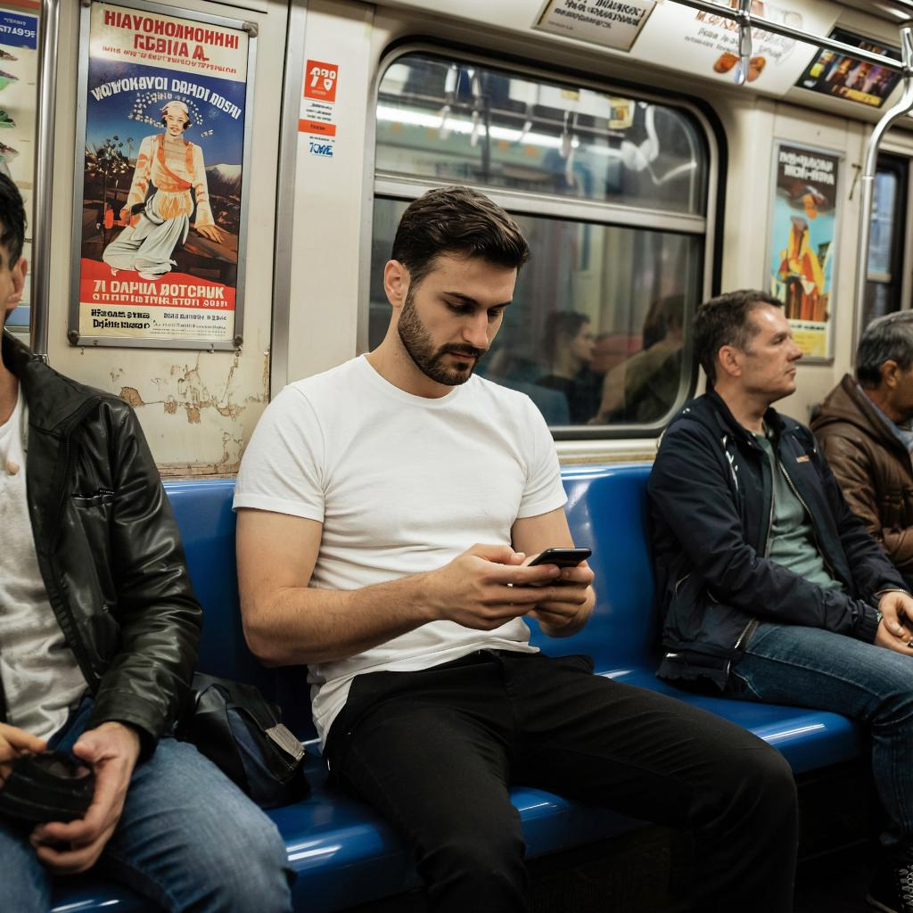 Сгенерировано Yandex, Kandinsky. Так он видит московское метро, я с ним не согласен. Стены у реального вагона новее, абракадабра за спиной героя напоминает венгерский, но не русский. Я еще работаю над иллюстрациями к рассказам- (прим. авт)