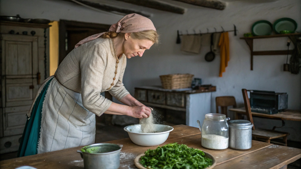 Процесс приготовления еды для кур, добавляем мел в измельчённый укроп и соблюдаем пропорции
