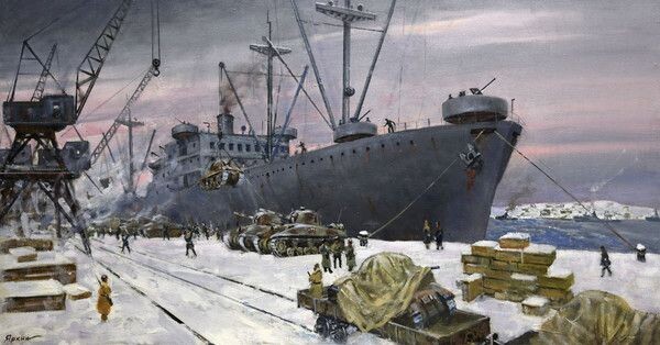 Разгрузка судов союзного конвоя в Мурманске. 1942 г.
Художник В. П. Яркин. 2010 г. (скриншот взят из яндекс картинки)