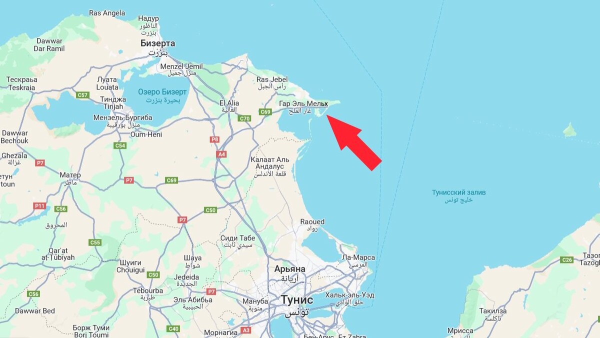Расположение пляжа Гар Эль-Мельх в Тунисе