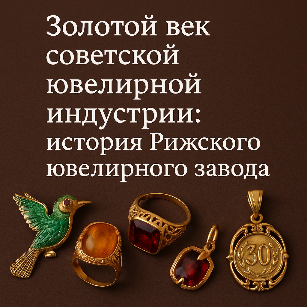 Советские винтажные украшения на коричневом фоне: брошь-птица с зелёной эмалью, кольца с янтарём и гранатом, подвеска с цифрой 30. Надпись: "Золотой век советской ювелирной индустрии: история Рижского ювелирного завода