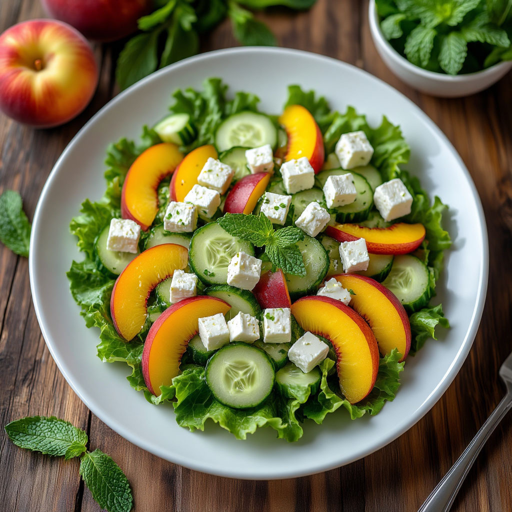 Летний салат с нектаринами, фетой и зеленью на белой тарелке. Лёгкий освежающий рецепт без готовки, идеально подходит для жары.