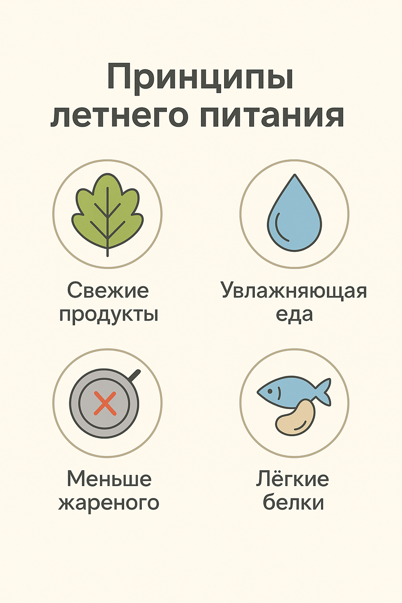 Инфографика с четырьмя основными принципами летнего питания: свежесть, увлажнение, минимум жареного и лёгкие белки.