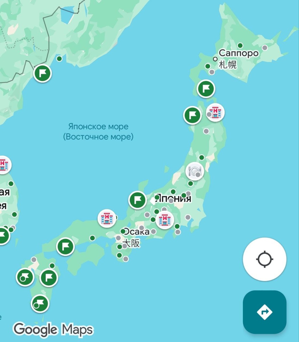 Так выглядит моя гугл-карта: зелёным отмечены точки, которые я хочу посетить