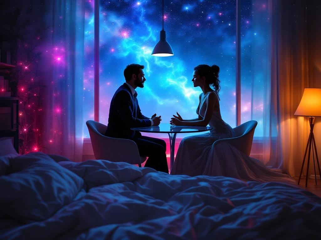    К чему такое снится: На картине изображены два взрослых человека, мужчина и женщина, сидящие за стеклянным столом в уютной комнате, погруженные в разговор. Мужчина в деловом костюме, жен