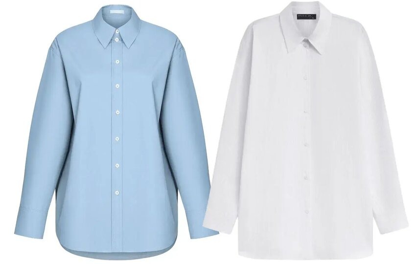    Рубашка голубая Belle You (было 9999 – стало 4999 руб.) / рубашка белая в полоску STUDIO 29 (было 7590 – стало 3990 руб.)сайты интернет-магазинов