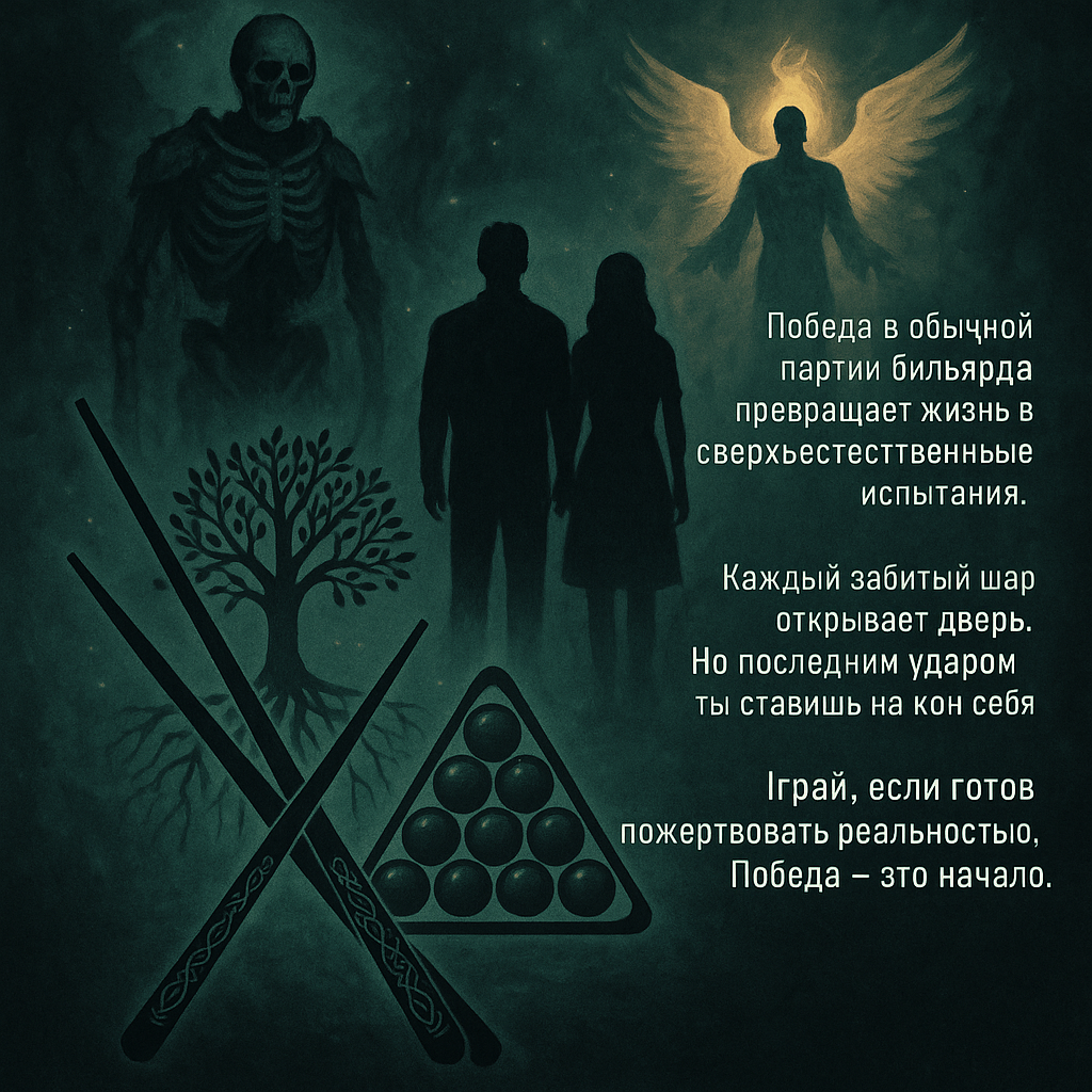 Победа в обычной партии бильярда превращает жизнь в сверхъестественные испытания.
Каждый забитый шар открывает дверь. Но последним ударом ты ставишь на кон себя. 
