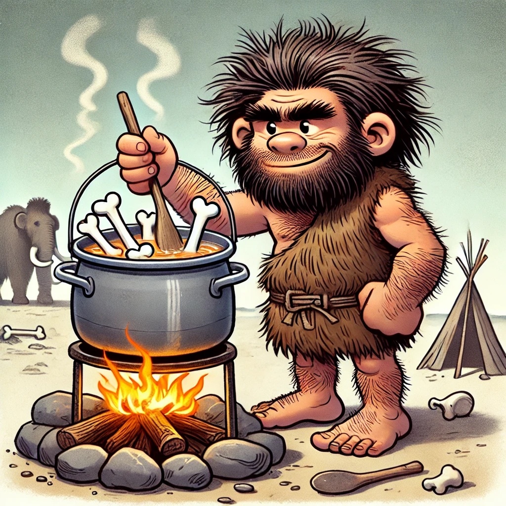 Так нейросеть DALL-E увидела неандертальца, готовящего костный бульон. 