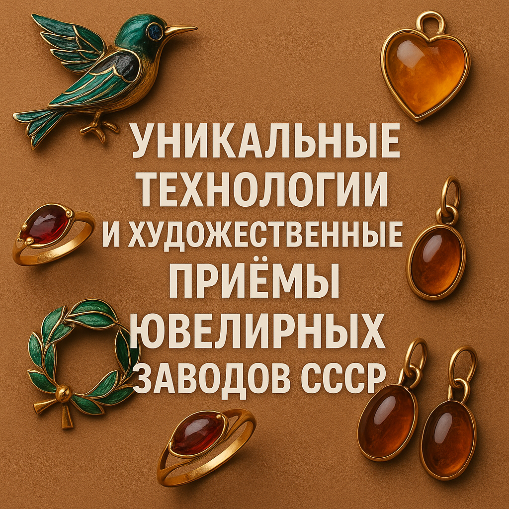 Советские ювелирные изделия: брошь-птица, янтарные подвески, кольца с камнями, венок с эмалью. На фоне надпись: "Уникальные технологии и художественные приёмы ювелирных заводов СССР".