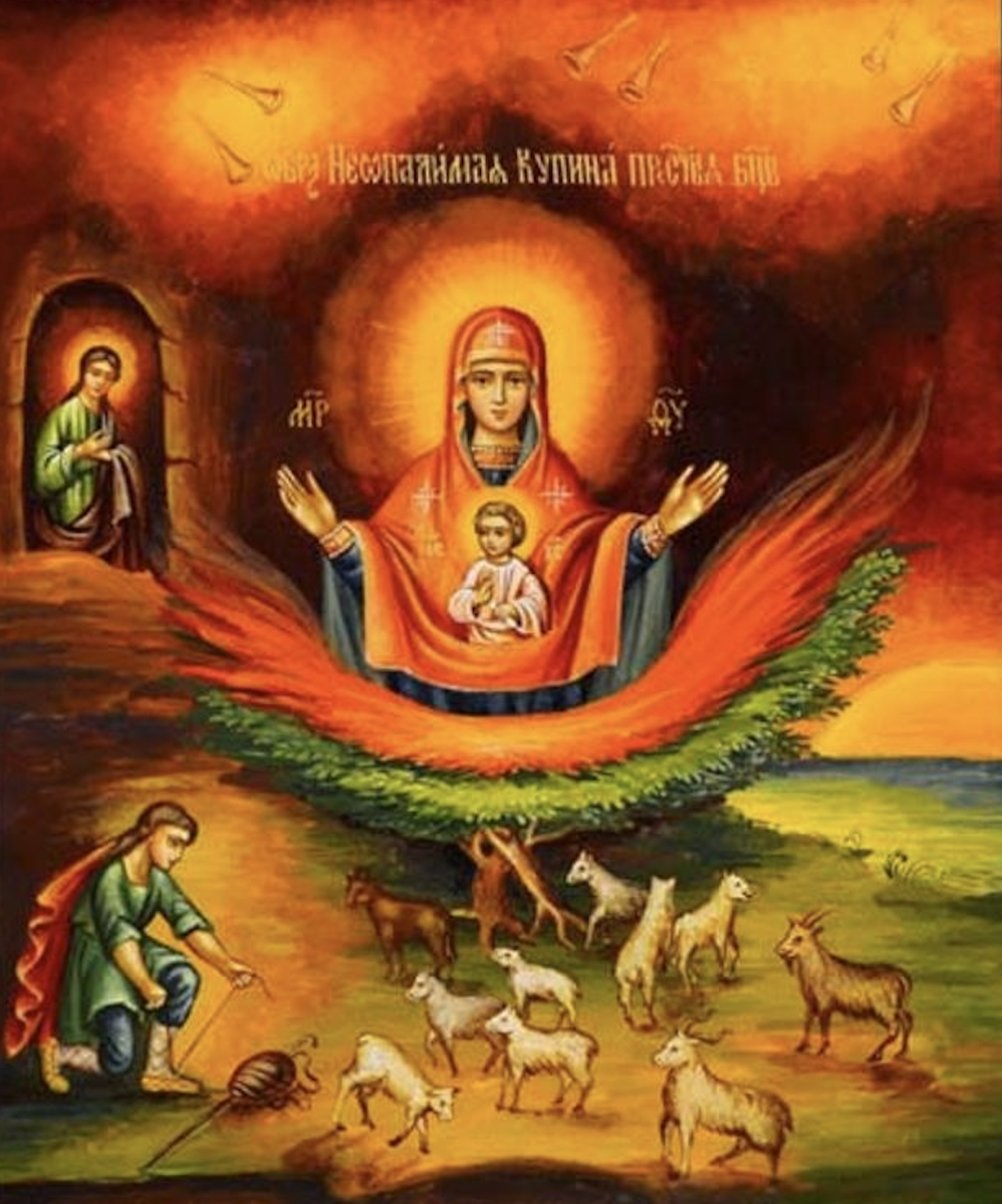 🔥 Неопалимая Купина
Икона основана на библейском событии, когда Моисей увидел куст, горящий, но не сгорающий (Исход 3:2). Это символ Божьего присутствия.

В центре иконы — Богородица, как та, что приняла в себя огонь Божественной благодати, не сгорев.

Смысл: Бог может быть рядом — тихо, незаметно, в самом простом.
Как в огне купины. Как в чашке чая.