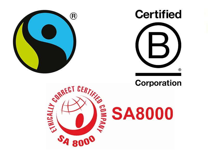 Fair Trade (Справедливая торговля) — подтверждает, что товары произведены с соблюдением прав работников и экологических стандартов.
B Corp — компании, прошедшие строгий аудит по социальным и экологическим критериям.
SA8000 — стандарт социальной ответственности. 