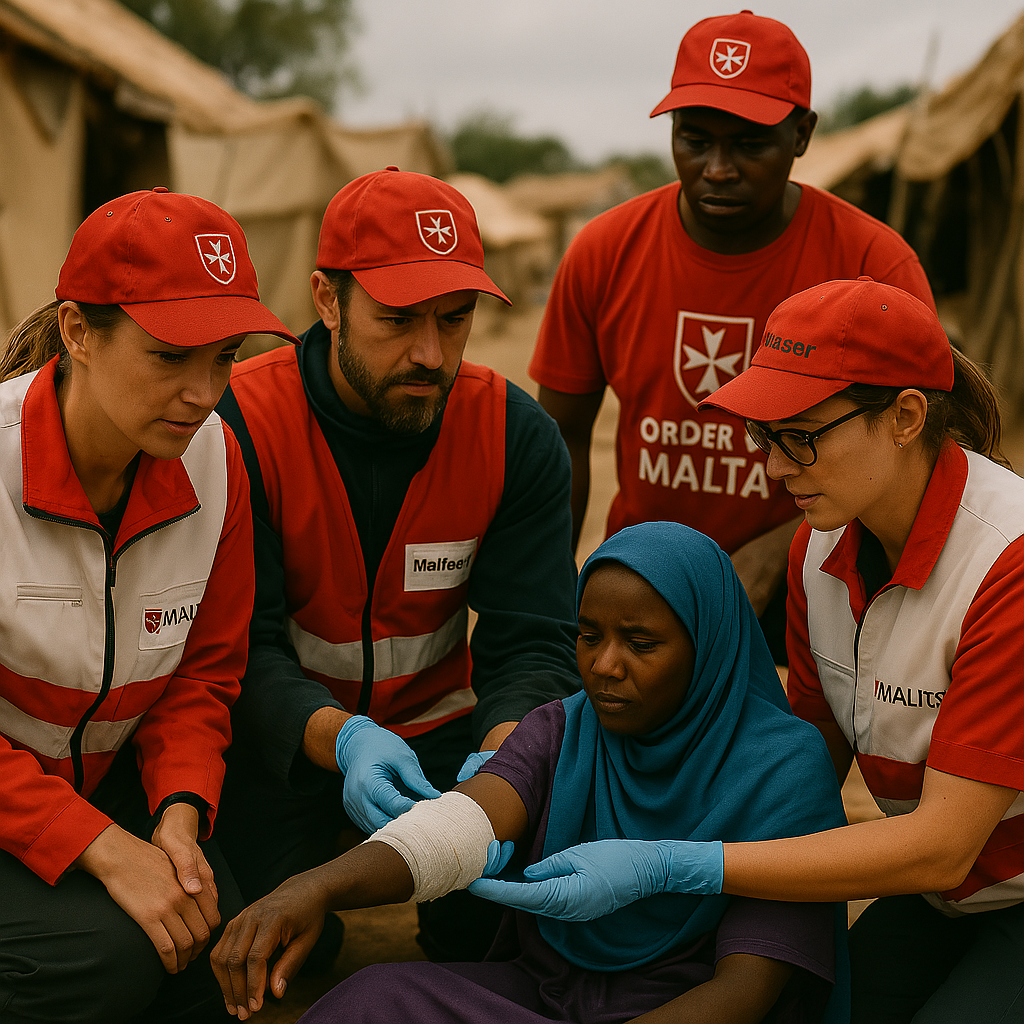 центр помощи в Африке с добровольцами в униформе.