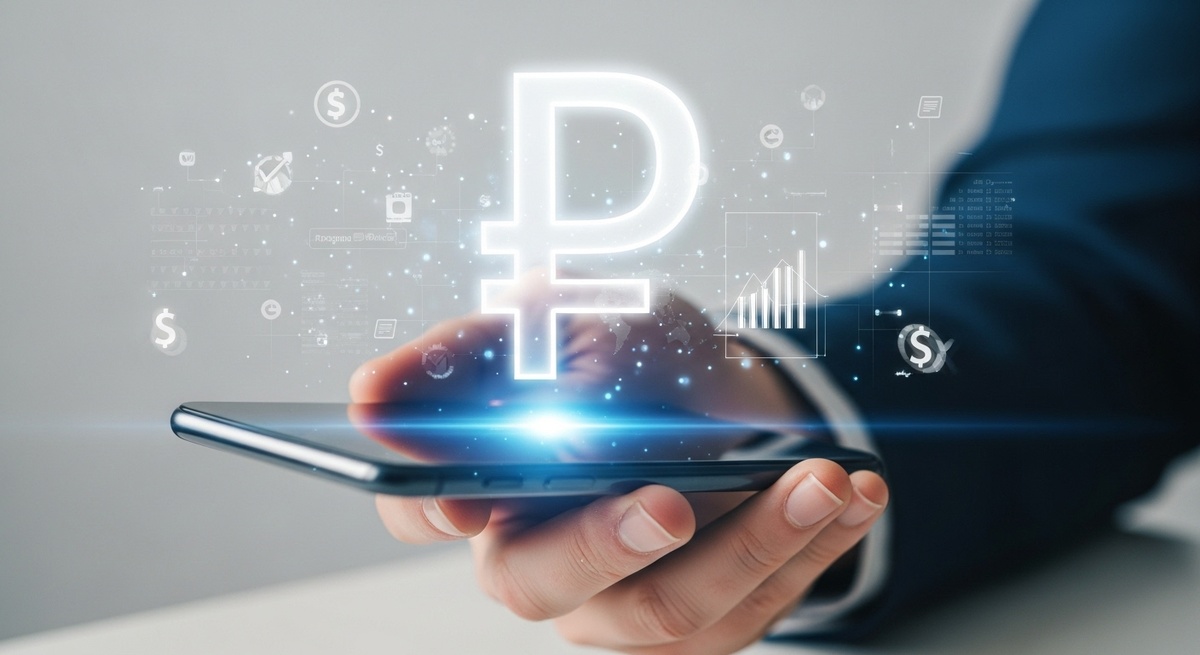 Рука человека держит смартфон, над экраном которого светится голографический символ цифрового рубля. Концепция новых цифровых денег в России, технология и финансы.