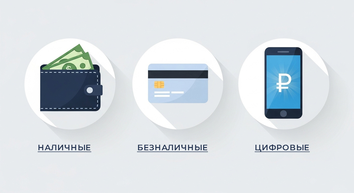 Инфографика, сравнивающая три формы денег: наличные в кошельке, безналичные на счете в банке и цифровые рубли на счете в Банке России.