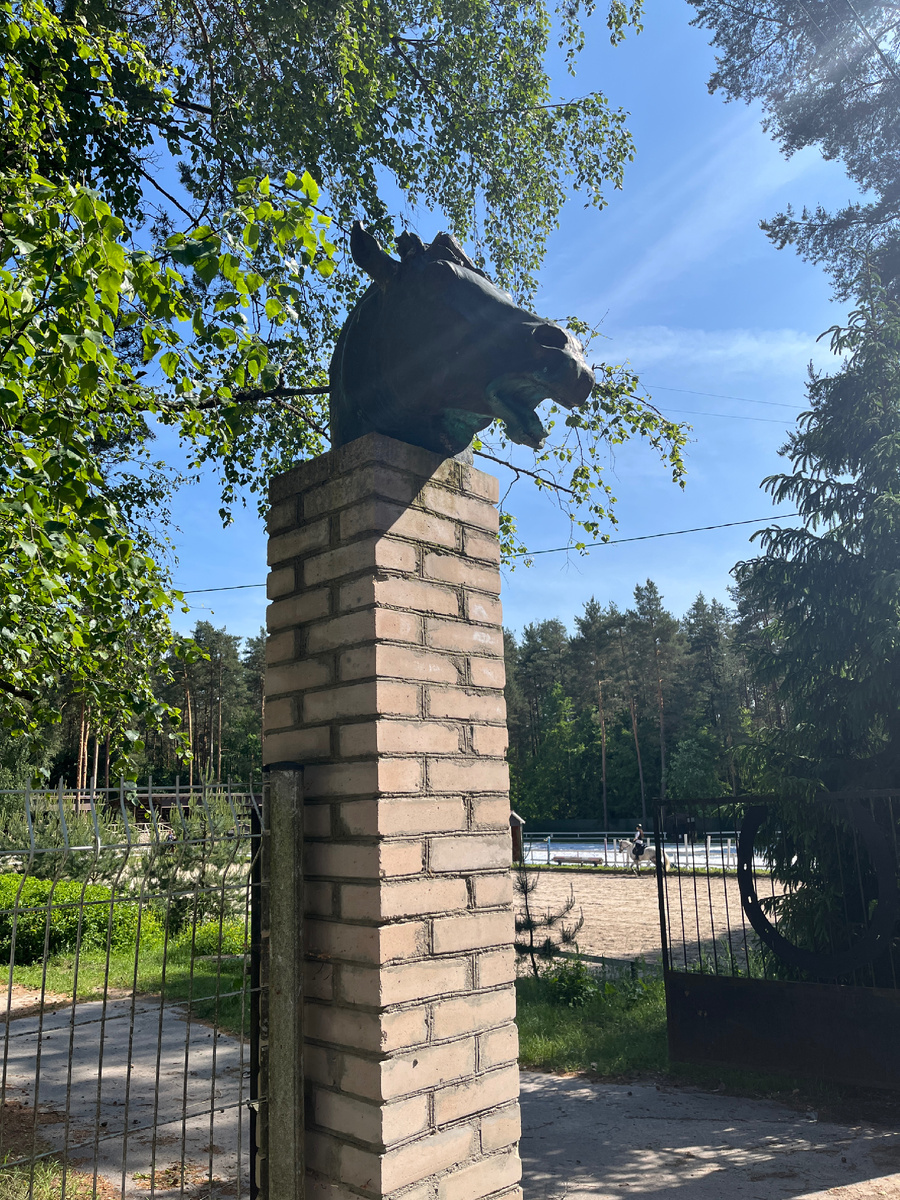 Вход на территорию оформлен скульптурами лошадиных голов 