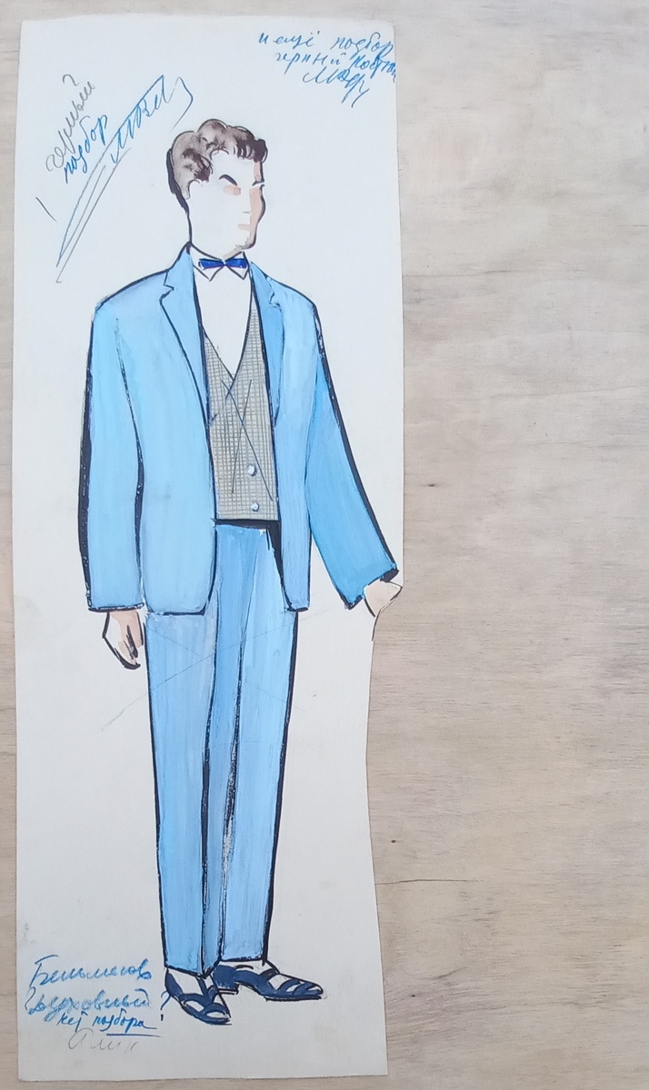 1961 г.. Художник Блинова Н. Ф.. Костюмный эскиз к спектаклю "Ромео, мой сосед", Алик. Бумага, размер 15,0х41,5 см, гуашь.