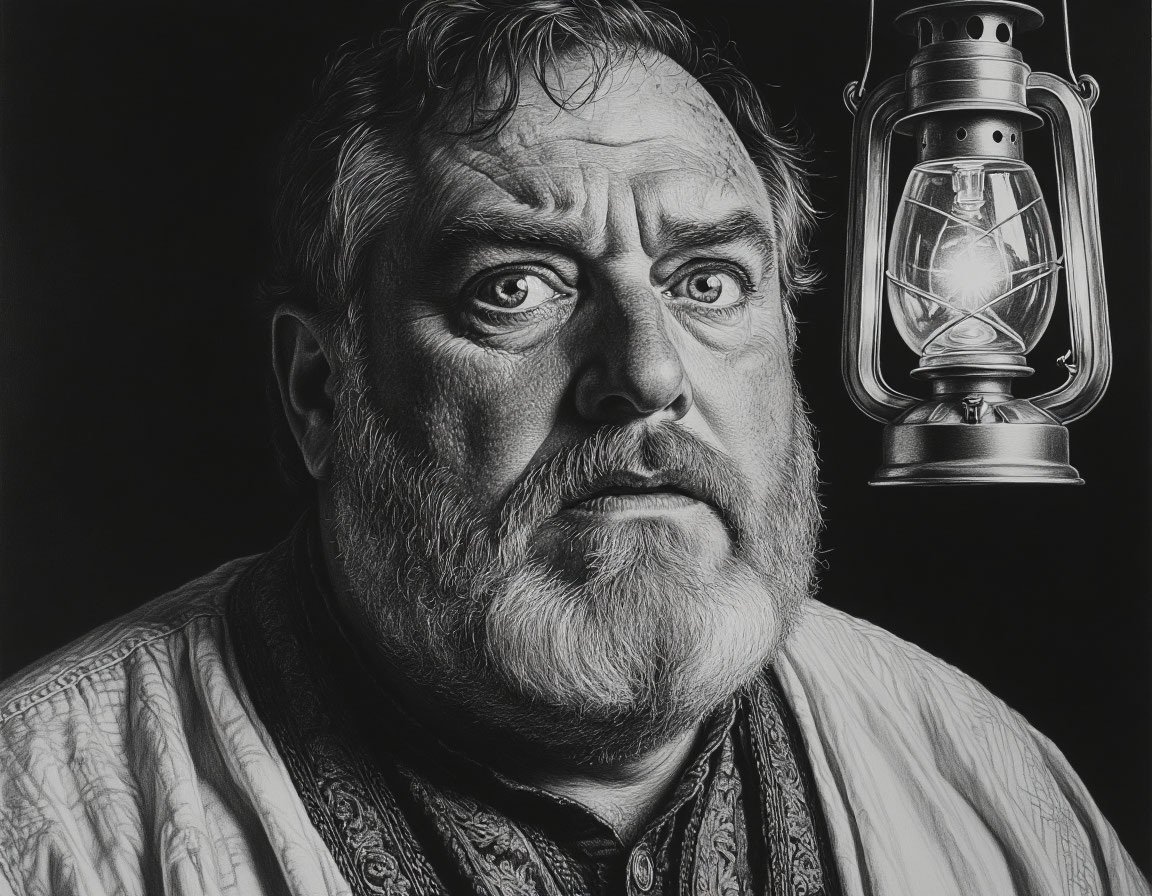 Лицо богатого купца искажено страхом, на лбу выступили капли пота