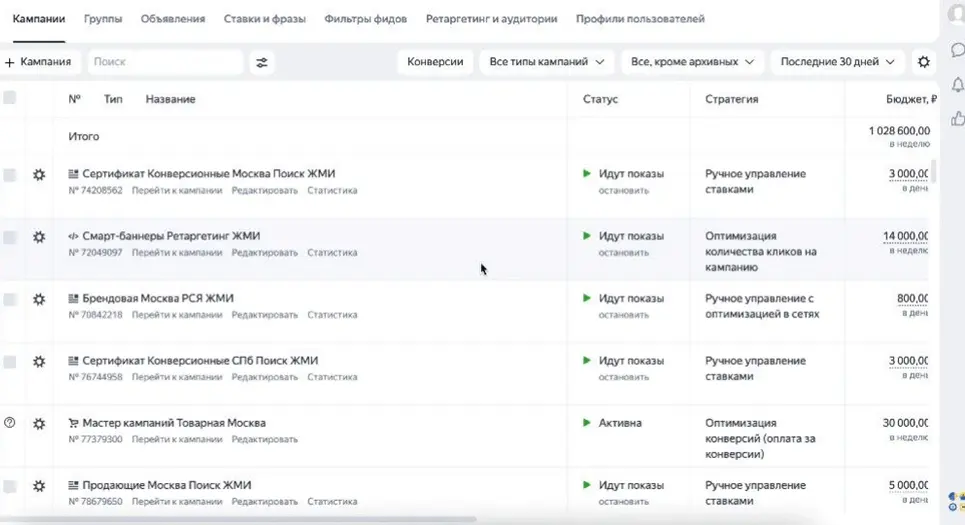 Скриншот рекламного кабинета. Раздел кампании