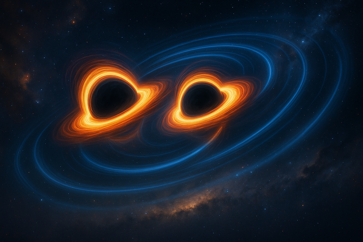 Две огромные черные дыры тянутся друг к другу, их ярко-золотые аккреционные диски искривляют пространство, а синие кольца гравитационных волн расходятся во тьме космоса, подчеркивая грандиозность аномального слияния.