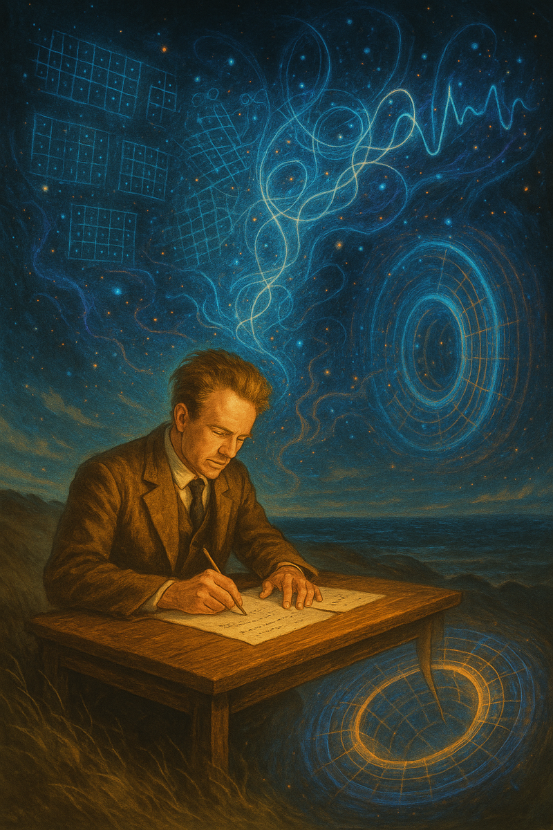 Молодой Гейзенберг на ветренном Гельголанде выводит формулы, а над его столом вспыхивают абстрактные матрицы и квантовые волны, переходящие в современные детекторы — визуальный мост столетия квантовой механики.