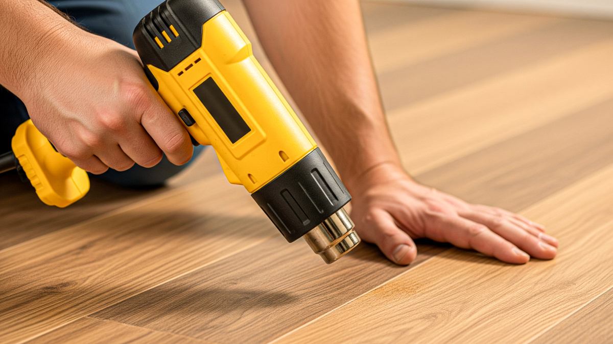 Пошаговый процесс ремонта напольного покрытия путём термореактивации клея: материал вначале нагревают при помощи строительного фена, затем аккуратно удаляют повреждённый фрагмент