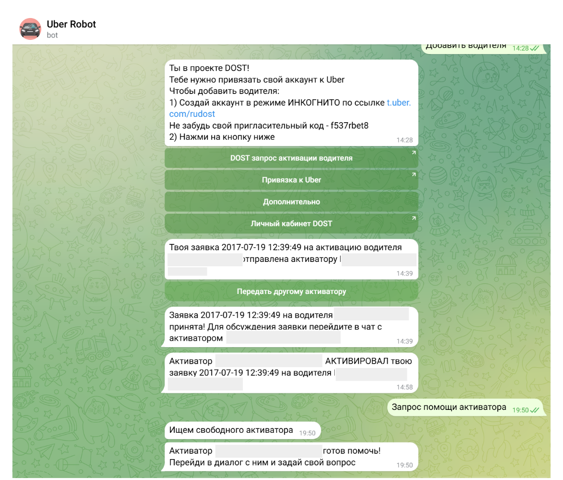 Так выглядел чат бот для активации водителей в системе. Вся работа была удаленная, что идеально мне подходило