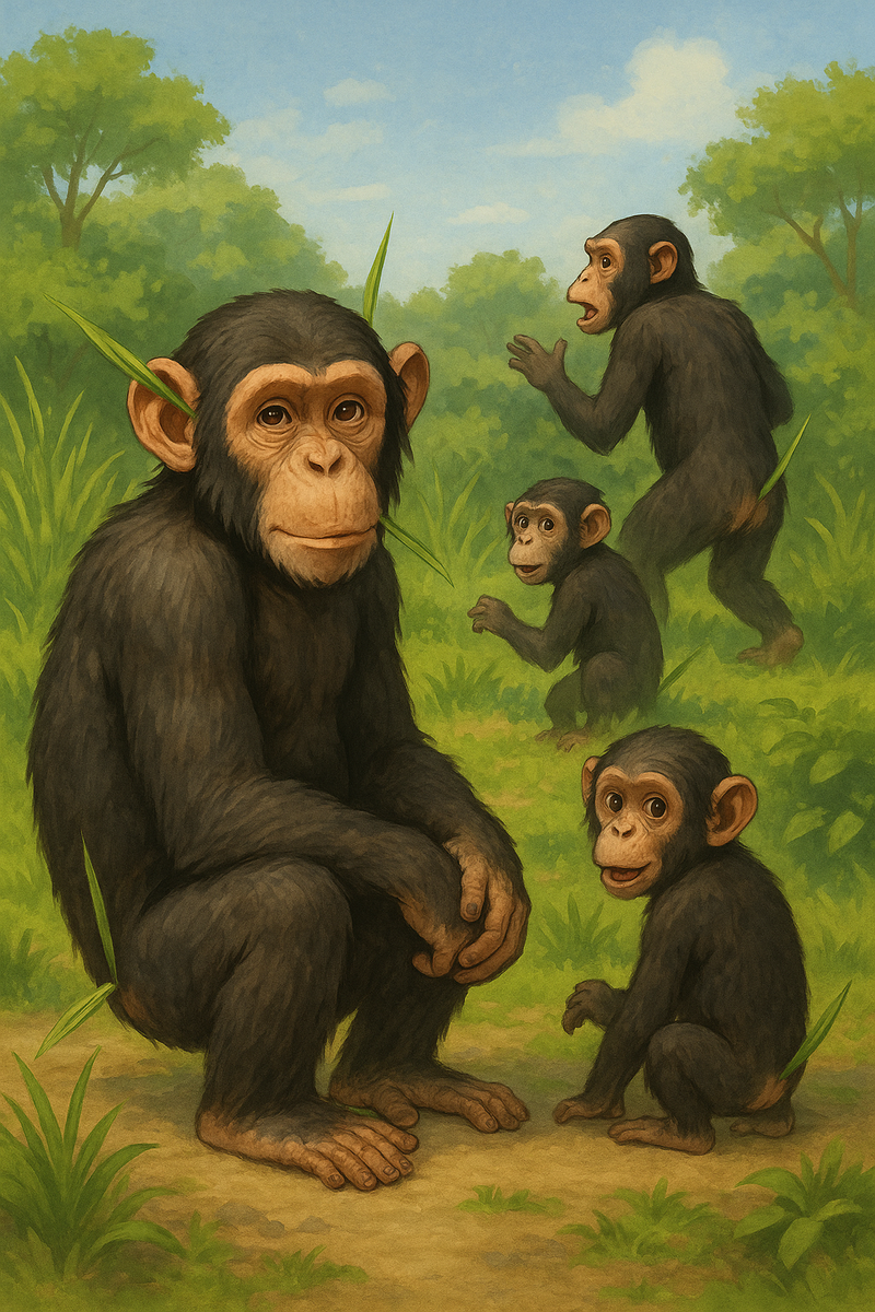 Шимпанзе копируют «тренд»: трава торчит из уха и попы «инфлюенсера» Джумы, пока сородичи любопытно рассматривают зелёные «аксессуары» — забавная зарисовка культурного поведения в дикой природе.