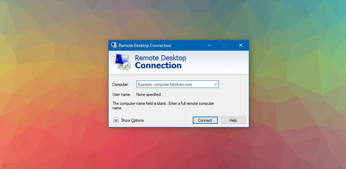Окно подключения Remote Desktop Connection в Windows