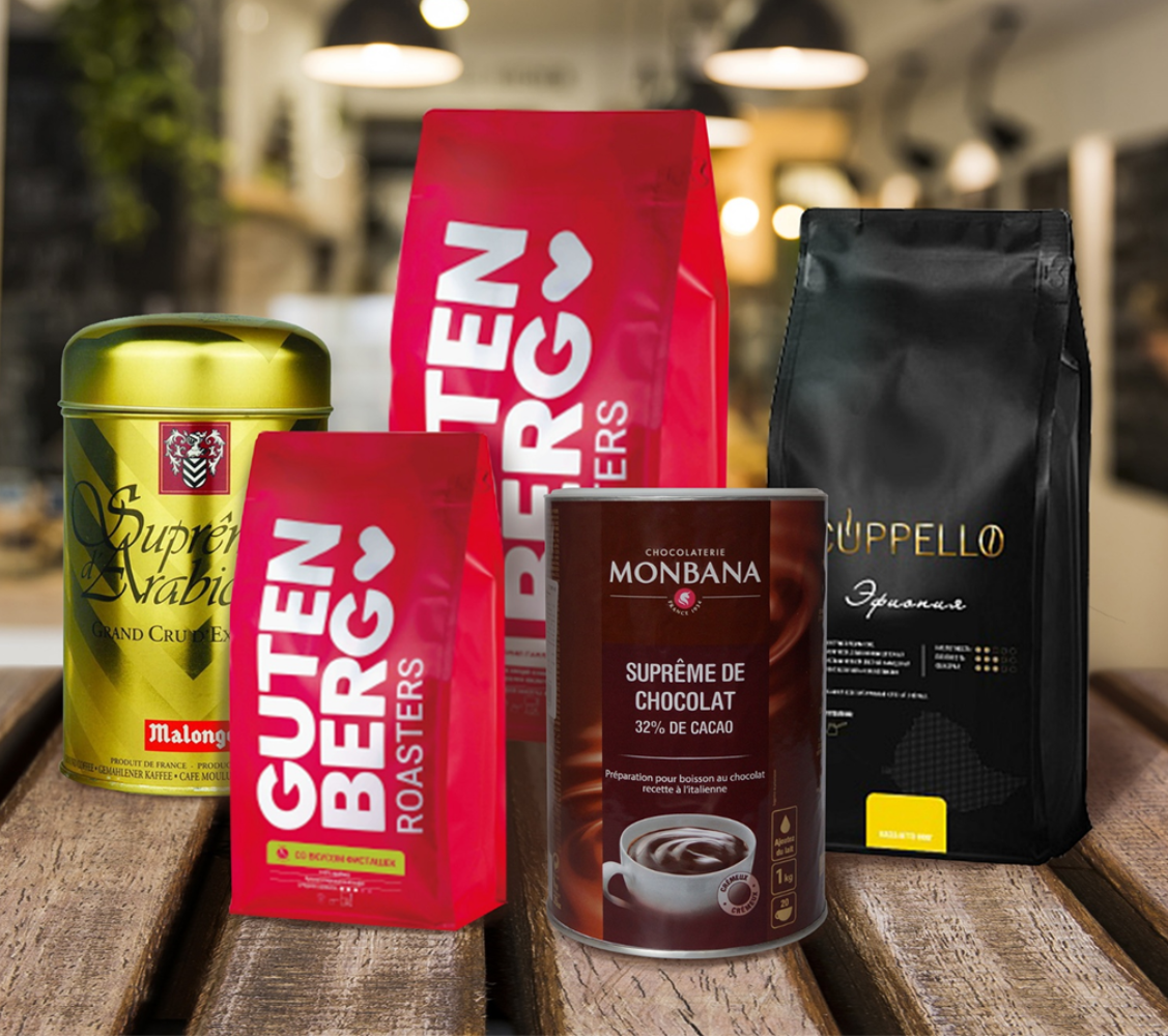 Мы производим чай и кофе под собственными торговыми марками Gutenberg и Cuppello, а также представляем премиальные бренды кофе Malongo и какао Monbana.