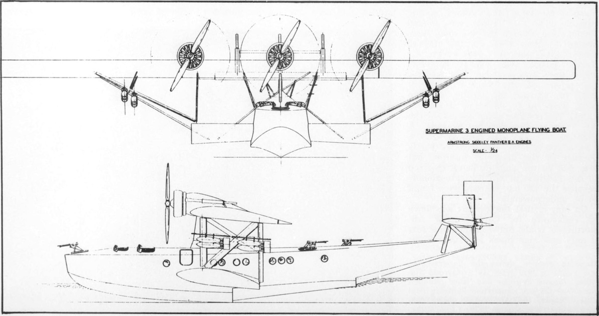 схема вооруженной летающей лодки-разведчика компании Supermarine в варианте моноплана с тремя двигателями Armstrong Siddeley Panther IIA