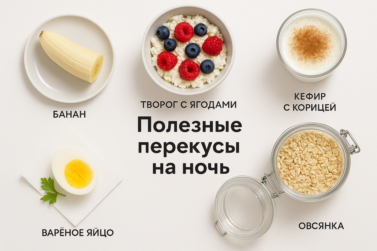 Коллаж из пяти полезных продуктов, которые можно есть ночью: банан, творог, овсянка, кефир и яйцо. Подходит для статей о питании и здоровье.