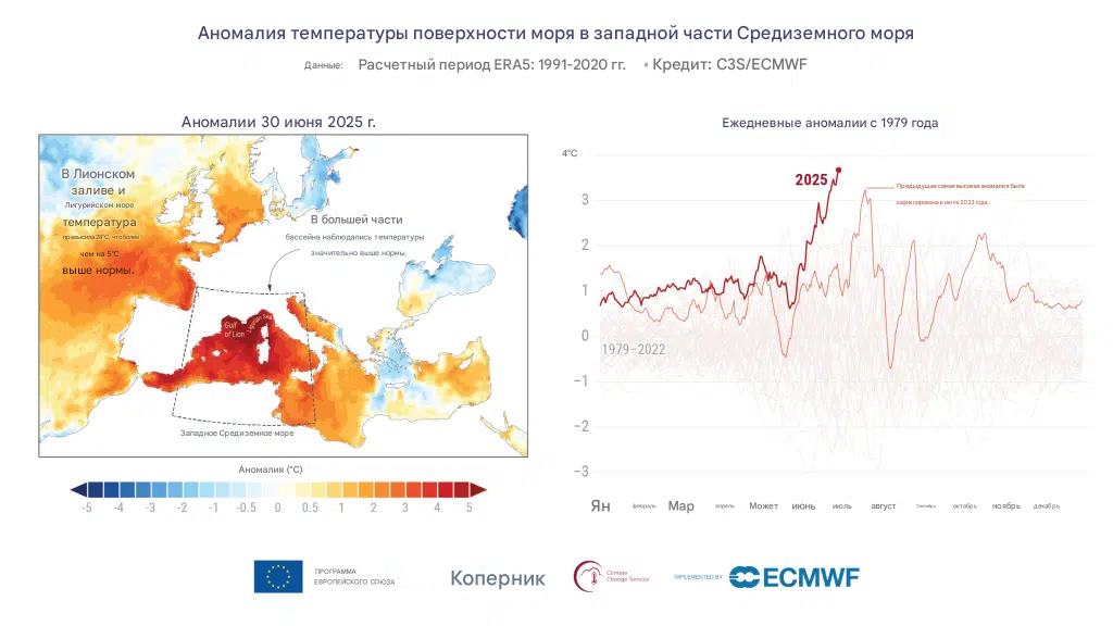 Суточная аномалия температуры поверхности моря (°C) 30 июня 2025 года, пик морской волны тепла в западной части Средиземного моря. Источник данных: ERA5.