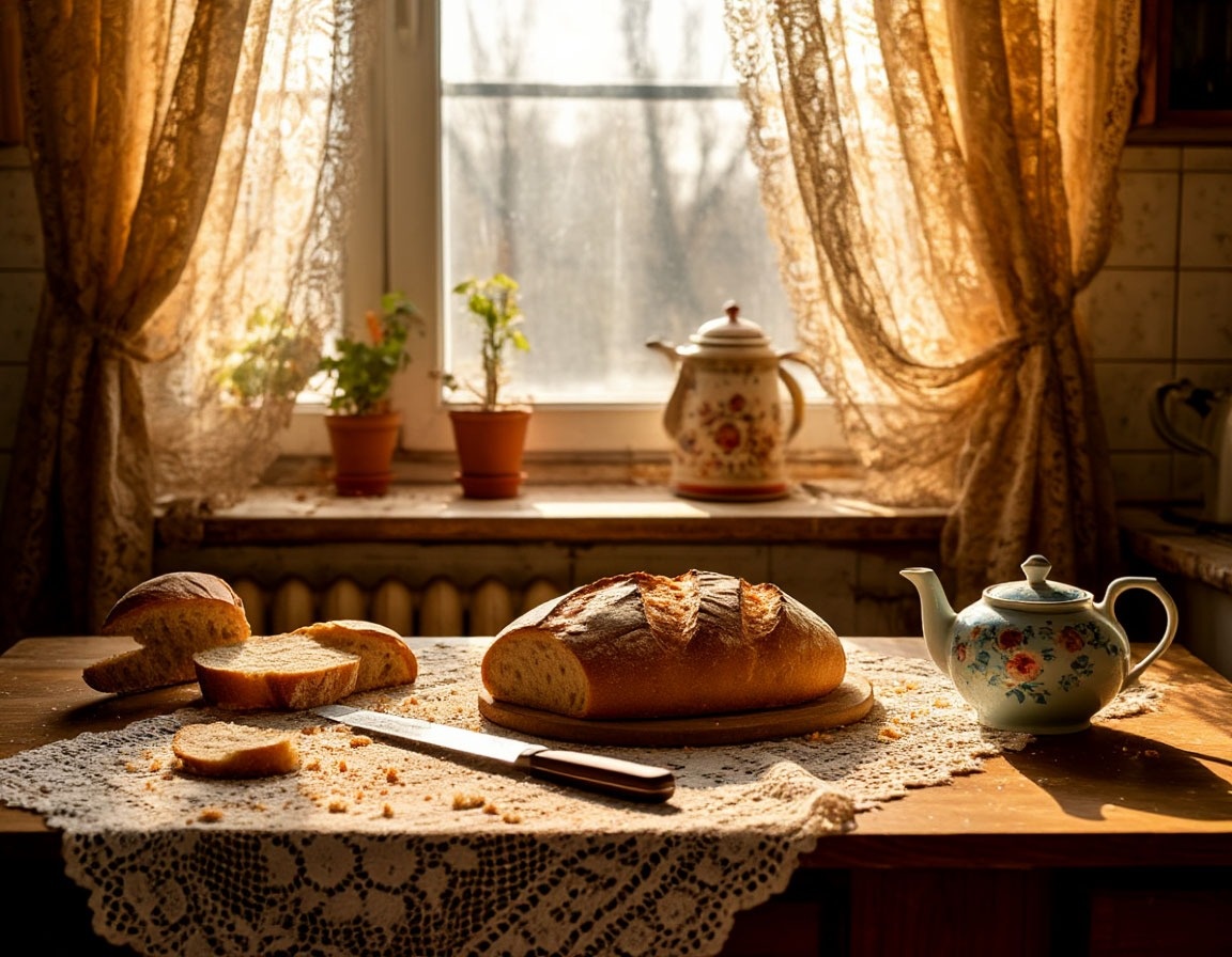 Такой хлеб резали не спеша, особым ножом. Каждый ломоть — почти церемония. Кто-то ждал корочку, кто-то серединку. Аромат стоял на всю кухню — тёплый, родной, из детства.
