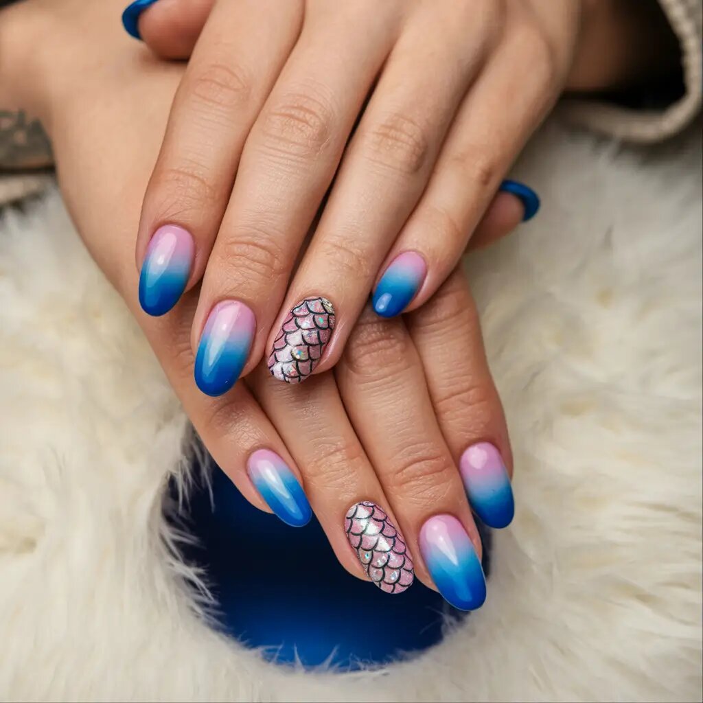  Главное здесь — многослойность. Я начала с телесно-розовой гелевой основы, затем создала синий градиент с помощью тонкой губки для макияжа, смоченной в таких оттенках, как Ocean Depths от Modelones. Я создала эффект чешуи русалки, вдавливая наклейки для ногтей в переливчатую пудру, а затем покрыла их глянцевым гелевым топом.