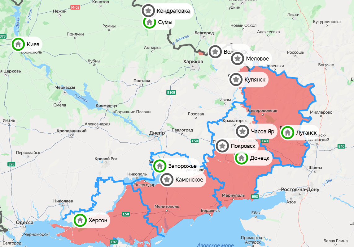 Карта СВО на 14 июля. Фото: скрин Яндекс Карты