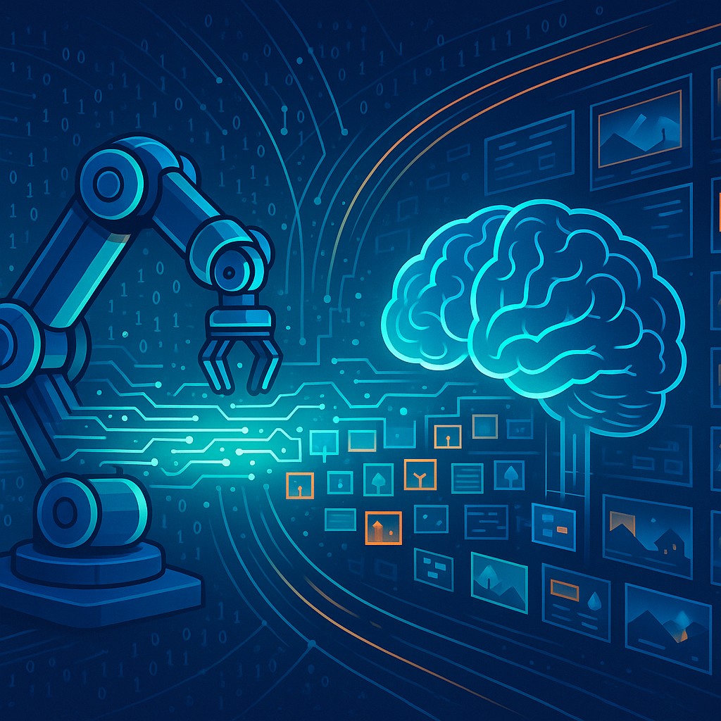 Робо-манипулятор передаёт потоки данных в сияющий «мозг», а за ними парят сотни мини-окон виртуальных сред — образ грядущего «момента GPT-3» для обучения с подкреплением, когда ИИ оттачивается сразу на тысячах задач.