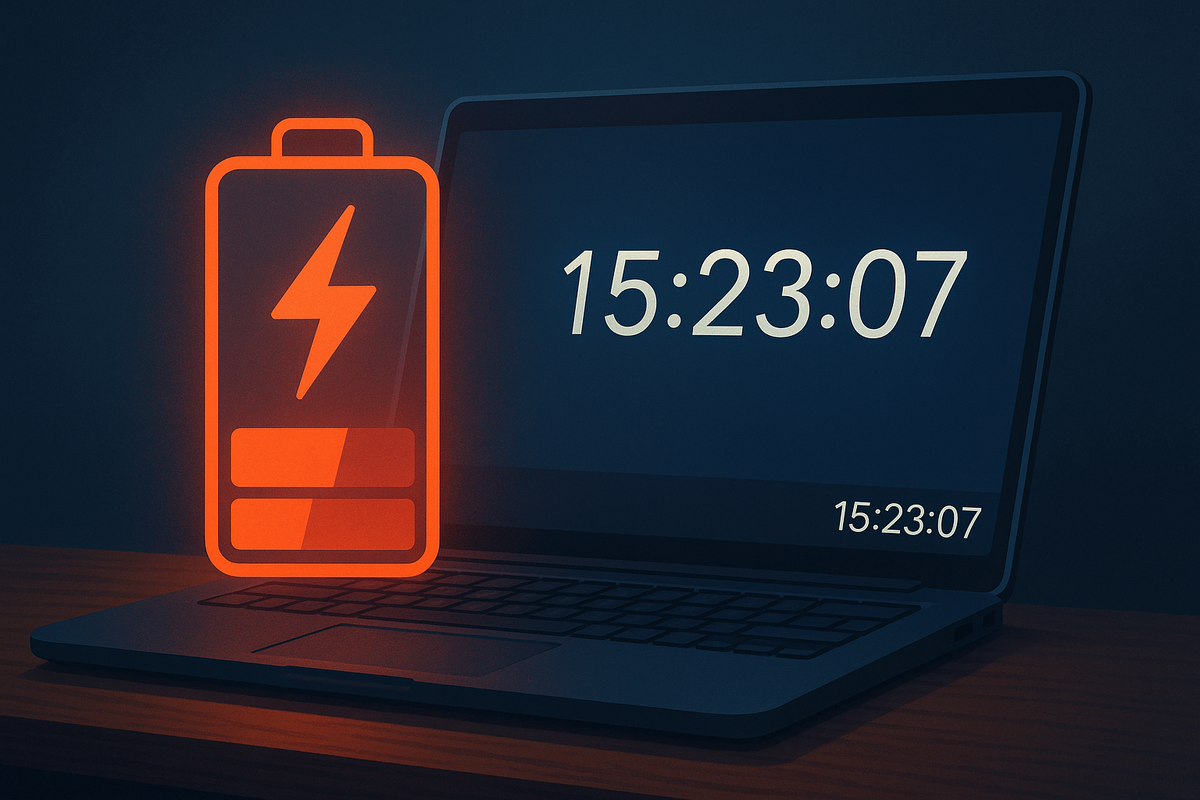 Лэптоп показывает бегущие секунды, рядом мигает опустевший аккумулятор — визуальный намёк на то, как «тик-так» в трее незаметно съедает заряд батареи.