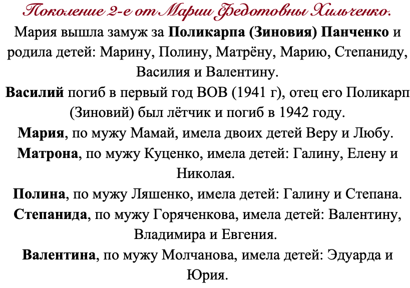 2-е поколение от Марии Федотовны