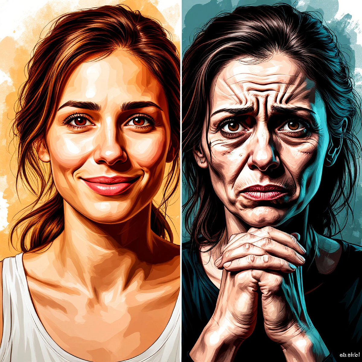 Двойной портрет одной женщины: с одной стороны- улыбающийся, с другой - напряженный с гримасой раздражения.