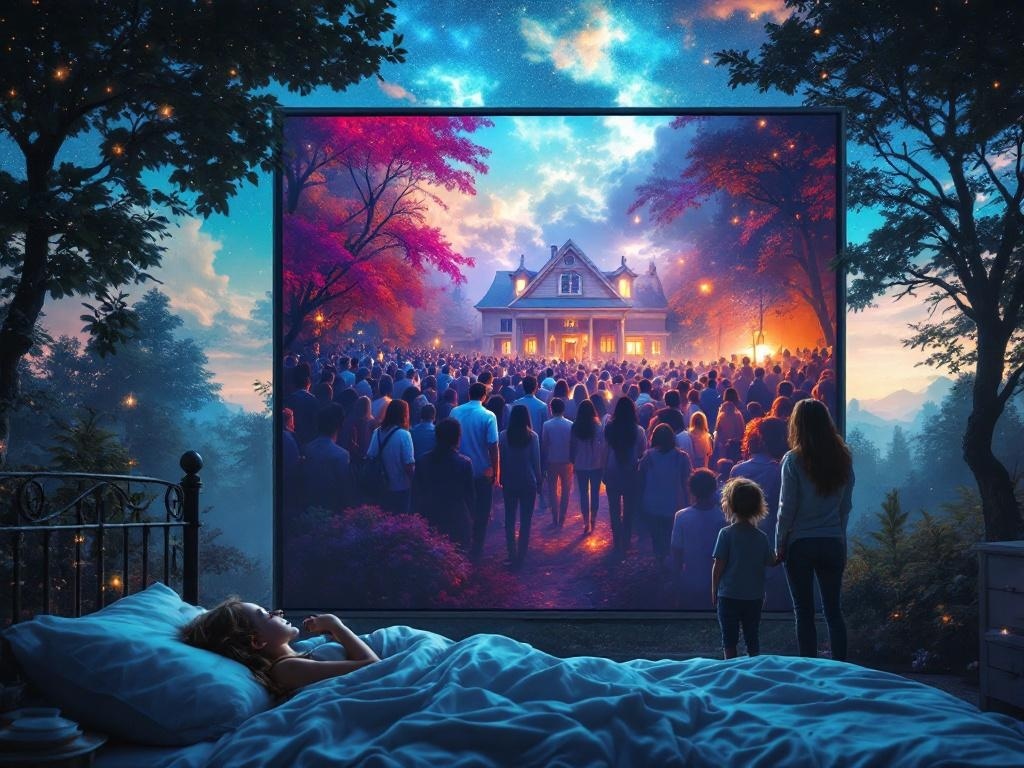    К чему такое снится: На картине изображен человек и ребенок, стоящие возле дома и смотрящие на огромную фотографию с изображением множества людей, размещенную перед домом.