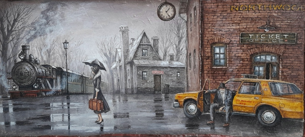  © Демьян Ленков. Дождь, пахнет ранней весной... Долгожданная встреча...  Железо, акрил, масло, 40 х 80см.