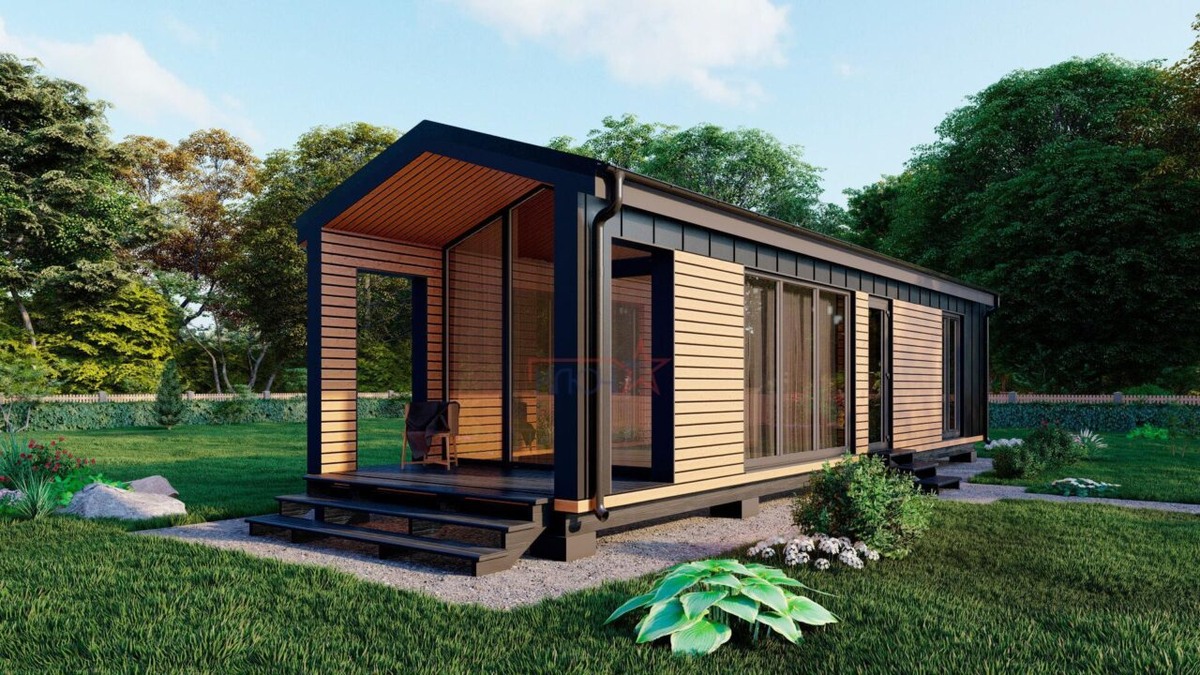 Проект одноэтажного барнхауса 3,7 на 12,9 с террасой «Ларья»