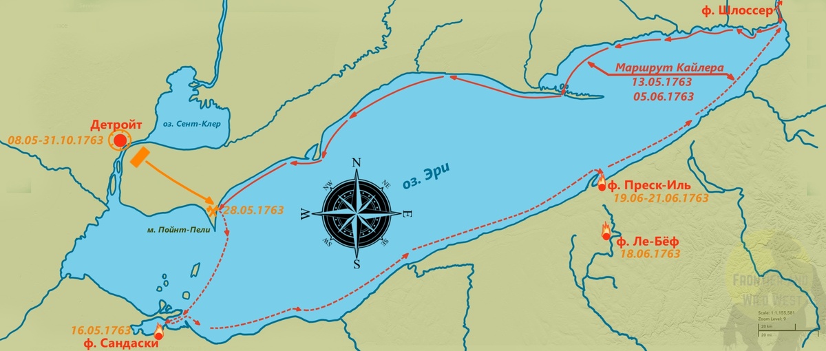 Маршрут Кайлера с 13.05 по 05.06.1763 г. Красные обозначения - форты и передвижение конвоя Кайлера, оранжевые - действия индейцев с датами успешных и неуспешных боевых действий.