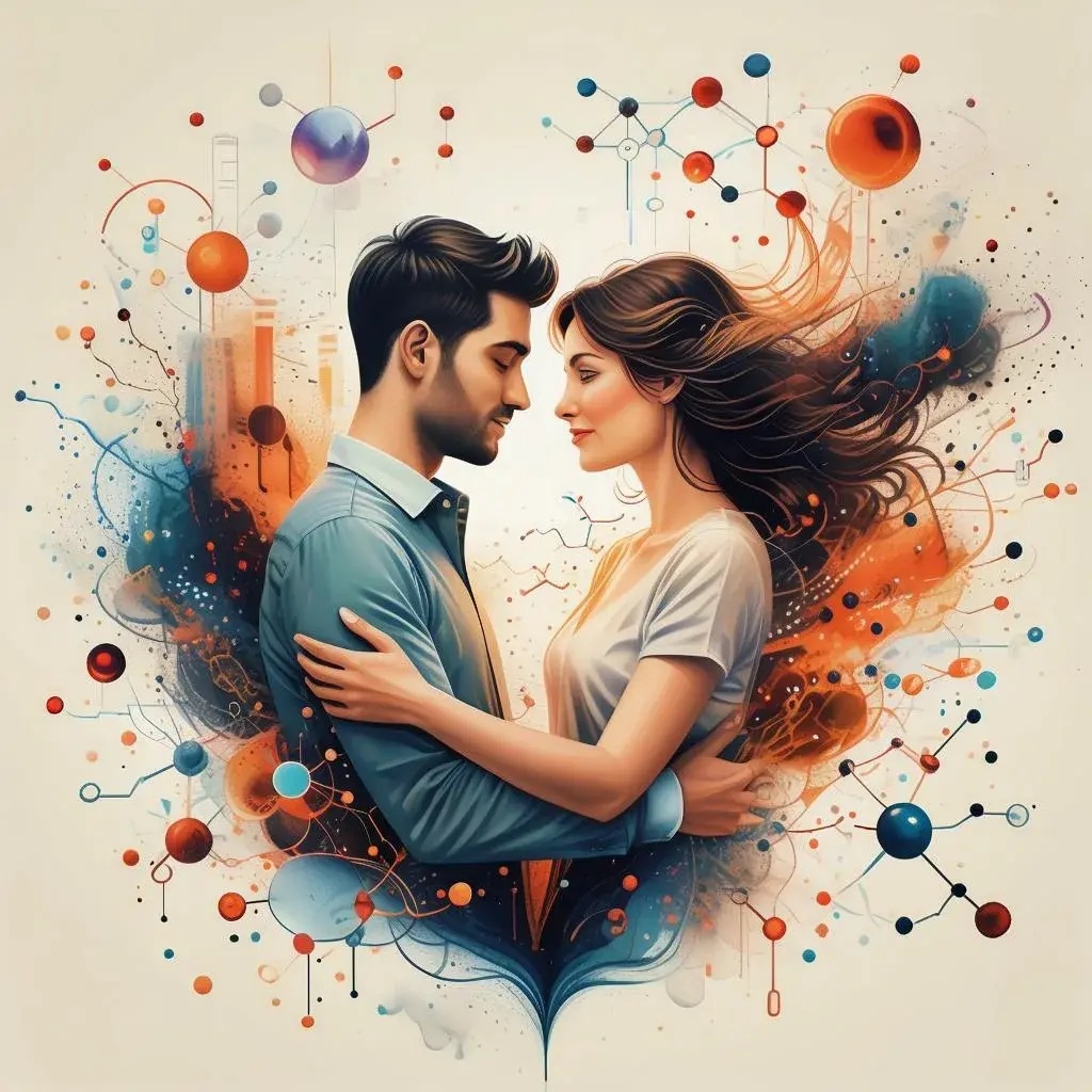 "Романтический момент в стиле научной фантастики: пара в объятиях среди молекулярных структур"