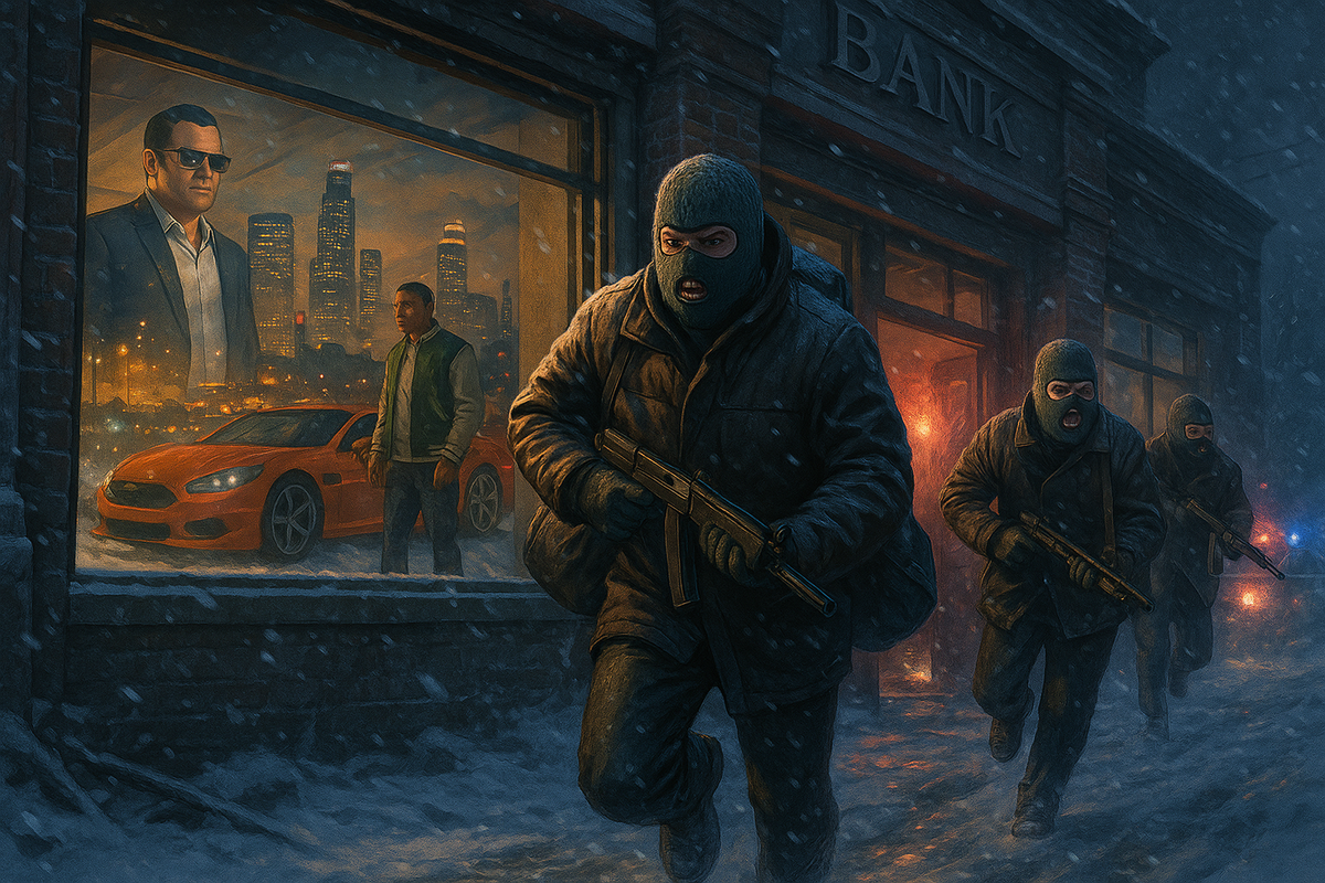 Пролог GTA 5 — ограбление банка в Северном Янктоне, Майкл, Тревор и Брэд в масках, начало сюжетного прохождения